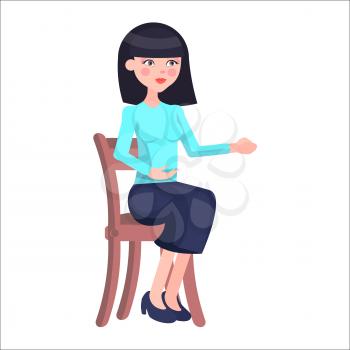 Young woman job candidate presenting herself. Beautiful brunet female in strict clothing seating on chair flat vector isolated on white. Employer Interview illustration for business career concepts