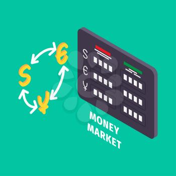 Currency exchange and table of money market icon graphic symbol on turquoise background. Vector illustration of online banking in cartoon style flat design. Drawn figure for infographics, websites.