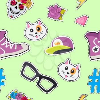 Male rap cap, sport footwear, muzzle of cat, glasses, thunder sign, sticker, diamond, brilliant, hashtag, skull with flowers seamless pattern. Cartoon endless texture. Fabric Flat style Vector