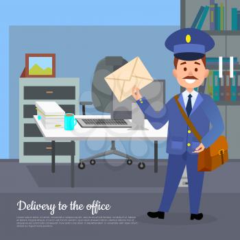 Delivery to the office web banner. World transfer to addressee. Mailman in suit holding envelope stands near working place in the office. Hand to hand delivery concept. Vector poster in cartoon style