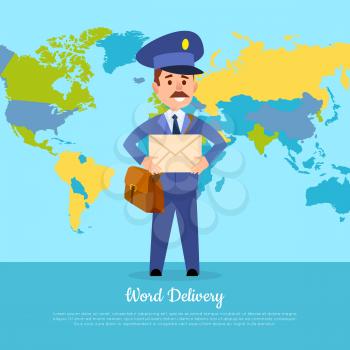 World delivery banner with postman. Mailman in suit holding envelope stands near world map. Express delivery to any part of world. First class messenger vector illustration in cartoon style