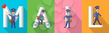 MAIL banner with big white letters and postman character set. Vector illustration of mailman character set, carrier on bicycle, with heart balloon and envelope, speaking over phone and just walking