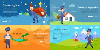Delivery service web banners set with cartoon postman. Smiling postal courier delivers letters in stormy weather, in distant places in desert and mountains, on Christmas flat vector illustrations