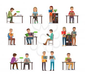 Male and female people reading books collection on white. Adults and old people sitting at table and standing read exciting books and deep their knowledge vector colourful poster in flat design