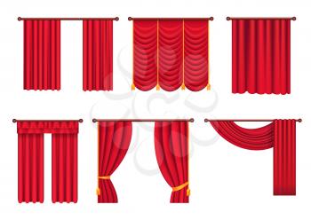 Heavy drapes of red fabric with gold tie back ribbons, tassels and lambrequin isolated vectors set.    Classic victorian curtains on cornice illustration for window dressing or interior design concept