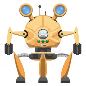 Yellow metallic robot with three legs and two arms isolated on white. Vector illustration of mechanical device with retractable glass eyes, green buttons, switches and measuring scale on circular body