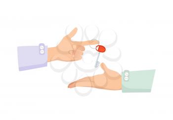 One hand giving key to another. Process of buying renting selling in cartoon style flat design. Vector illustration of two isolated arms with key. Agreement between two people about sales purchase.