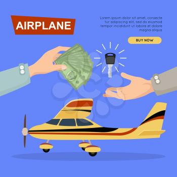 Buying airplane online plane sale by cash. Getting new key web banner vector illustration. Customer buy airplane for transport advertising company. Business agreement in e-commerce concept