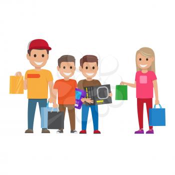 Family out on shopping elder sister and elder brother with bags and two little brothers with boxes and bag on white background. Cartoon children has fun during shopping vector illustration.