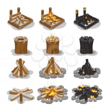 Tourist campfire types collection with flame on white. Vector set of fireplace of firewood and stumps in flat style. Bonfire making steps, without flame, with fire and in black color with sparks