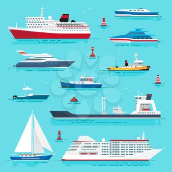 Set of sea transport flat style on blue water background. Vector illustration of cruise liner, passenger boat, powerful speedboats, boat with red life ring, yellow submarine, blue yacht and red buoys.
