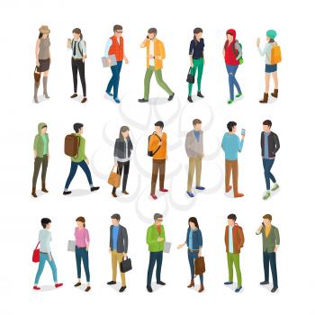 Teenagers students vector collection in flat style on white. Young people in casual clothes standing and walking with handbags or books and modern gadgets kinds. Busy student lifestyle concept.