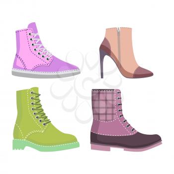 Winter and autumn female shoes set of four winter and autumn shoes rubber boots and elite shoes isolated on white background. Vector illustration of women s shoes. Fashionable shoes for cold seasons.