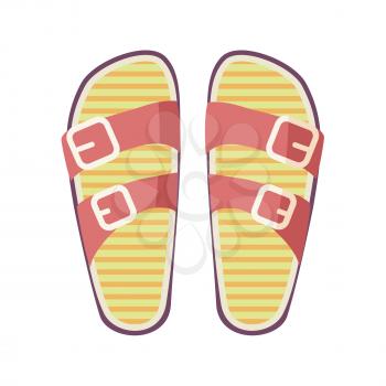 Casual summer flip-flops with red straps and yellow footbed isolated on white background. Women comfortable footwear for casual look and beach walks. Fashionable women footgear vector illustration.