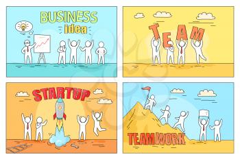 Business idea presentation, good team organization, successful startup and excellent result of teamwork reception vector illustration. Four steps to create prosperous enterprise and strong work crew.