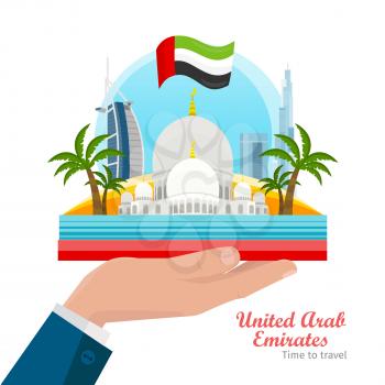 Welcome to United Arab Emirates vector concept. Flat illustration of Dubai and Abu Dhabi architecture. Sheikh Zayed Mosque, Burj Khalifa, Burj Al Arab skyscrapers, palm trees, UAE flag on man s hand