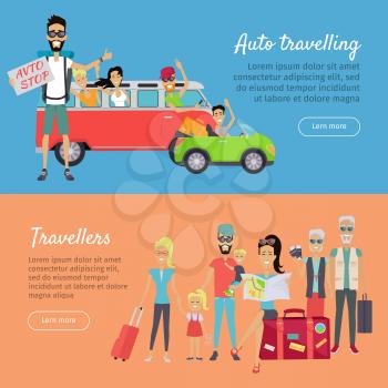Auto traveling and travelers banners. Happy people waving while driving his car. Family vacation. Grandparents and parents with their children going for summer vacations. Hitchhiking travel