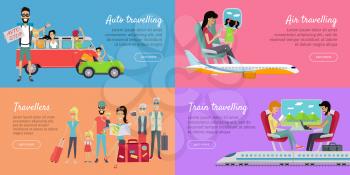 Auto, air, train travelling and travellers conceptual banner. Railway, airplane, auto stop kinds of travel. People having fun during the rest. Family journey holiday. Vector illustration in flat style