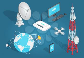 Set of wireless connection on blue background. Vector illustration of satellites around planet, tower with dishes, white drone, laptop with wi-fi, smartphone with 3G, white dish antenna, wi-fi router.