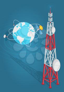 Communications satellites transmits to high tower with two dishes isolated on blue. Artificial sputniks rotates around planet Earth. Vector illustration of wireless technology in cartoon flat style.