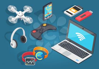 Set of modern wireless technology on blue background. Vector illustration of headphones, black joystick, notebook with wi-fi, flying drone, gps navigation on smartphone, two usb and two smart watches.