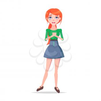 Woman crying full length with tear on cheek isolated on white. Frustrated redhead girl avatar userpic in flat style design. Vector illustration of upset human emotion in green blouse and blue skirt