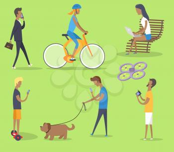 People spending free time in park vector poster with green background. Man talking over phone, girl riding bike, young person sitting on bench, boys walking with dog and playing with quadrocopter