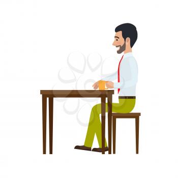 Man sitting at table on chair and drinking tea side view. Man at endless work seven days a week. Working moments at office. Vector illustration of sitting person with mug isolated on white background