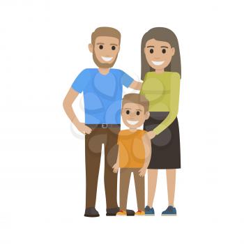 Married couple in casual cloth and little son. Family going to spend free time together. Smiling parents and boy isolated. Man woman and child on white. Parenthood concept vector illustration in flat