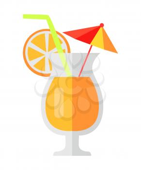 Orange cocktail with fruit slice and decorative umbrella and green straw in shaped glass. Vector colorful illustration in flat design of tropical refreshing drink in glass cup with glass leg.