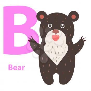Alphabet for children B letter bear cartoon icon isolated on white. Toy teddybear with wide open paws, educational sticker for children. Alphabet with funny cartoon animals vector illustration banner.