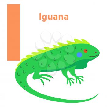Alphabet for children I letter Iguana cartoon icon isolated on white. Bright green reptile with prickly back and red eyes. Cheerful alphabet with funny cartoon animals. Vector illustration web banner.