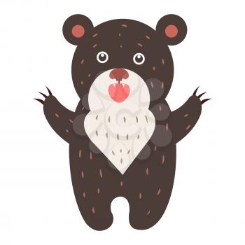 Cute brown bear cartoon sticker or icon. Funny gnarling bear standing on its hind legs isolated flat vector. Wild grizzly illustration outlined with dotted line for game counters, price tags
