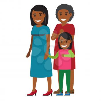Cute african American girl standing with her happy mother and grandmother flat vector isolated on white background. Three generations of women illustration for family values and motherhood concepts