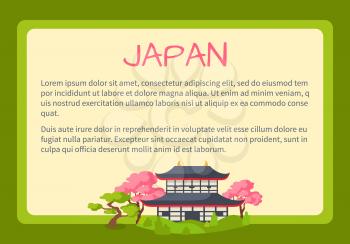 Japan framed touristic banner with national symbols and sample text. Ancient japanese pagoda surrounded cherry blossom flat vector illustration. Vacation in asian country concept for travel company ad