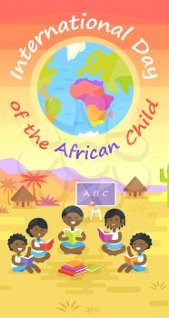 International day of African child colorful vector poster with happy kids sitting in circle and reading books on fresh air
