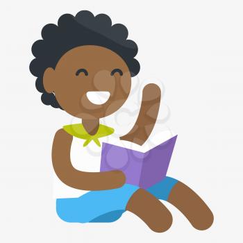 Enthusiastic African female child holding book in one hand. Vector graphic illustration of small girl getting information
