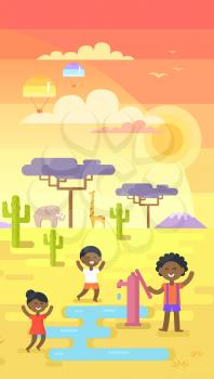 African children playing near water near tap under hot sun on area with many exotic plants vector illustration in flat design, drink waters in desert