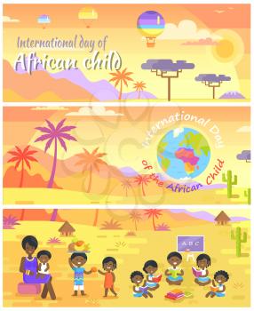 International Day of African Child set. Landscapes with palms and baobabs. Mother and children who share fruits and read books vector illustrations.