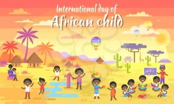 International Day of African Child big banner with kids who read books, play with water, share fruits and air balloon in sky vector illustration.