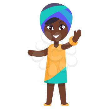 Happy little afro-american girl in yellow dress and blue headgear celebrates international day of african child. Poster with young black female in cartoon style