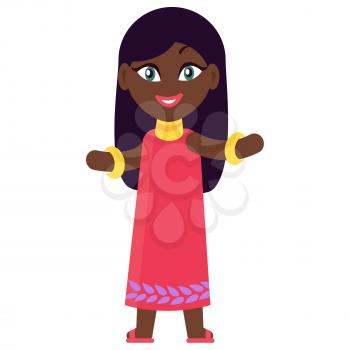 Smiling girl with stretched hands isolated vector illustration on white background. Afro-american kid celebrates international day of the african child