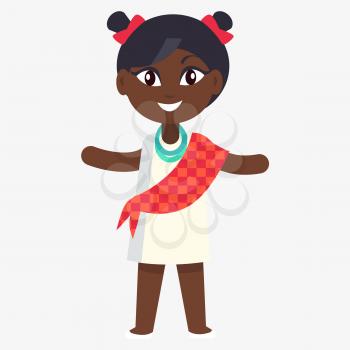 Happy little afro-american girl in flat cartoon design celebrates international day of african child. Poster with young black female with kind eyes