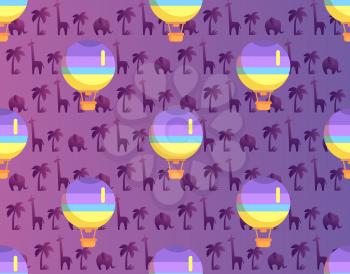 Hot air balloon with basket seamless pattern isolated on purple background with african plants and animals. Vector illustration of transportation means by air