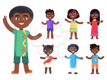 Cartoon afro-american boy wishes piece to everyone and his friends isolated vector illustrations set. Pretty kids with black skin, friendship concept