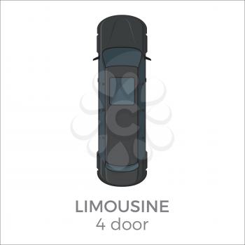 Limousine top view icon. luxury car with long body from roof view with text isolated flat vector. Personal passenger car illustration for urban transport concepts and infographics design