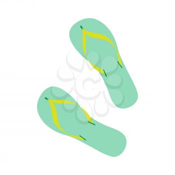 Green flip flops isolated on white background. Pair of beach slippers. Summer rubber casual shoes. Sandals icon. Vacation symbol. Footwear for travelling. Flat style design. Vector illustration