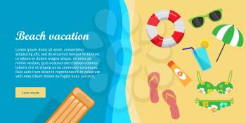 Beach vacation conceptual web banner. Flat style vector. Summer leisure on seacoast. Entertainments on sea shore. Horizontal illustration for travel company landing page, corporate site design