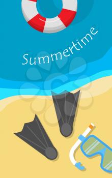 Summertime banner. Sea beach with lifebuoy, fins, diving mask and diving tube on sand. Tidal bore. Concept of holiday at sea. Swimming equipment. Beach activities. Vector illustration in flat