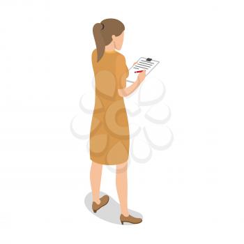Businesswoman standing with back and writing on plane table isolated on white. Woman dressed in brown midi dress and brown shoes. Female hand holding red pen. Vector illustration flat design.